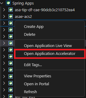 Snímek obrazovky s rozšířením VS Code zobrazující možnost Open Application Accelerator pro instanci služby