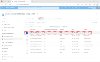 Screenshot of the Storage Mover resource page within the Azure portal showing the location of the Delete button.