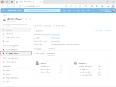 Screenshot of the Storage Mover resource page within the Azure portal showing the location of the Storage Endpoints link.