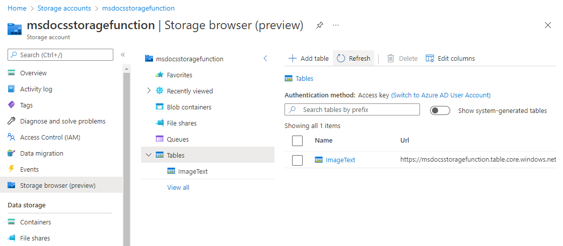 Snímek obrazovky znázorňující textovou položku ve službě Azure Table Storage
