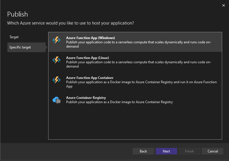 Snímek obrazovky znázorňující, jak zvolit Azure Functions jako konkrétní cíl nasazení