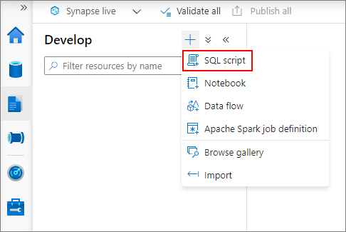 Snímek obrazovky s výběrem skriptu SQL pro vytvoření nového dotazu
