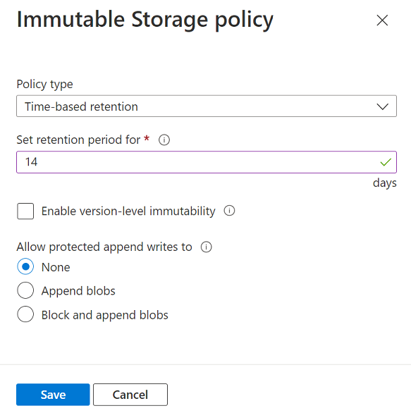 Screenshot showing how to configure immutability policy scoped to container.