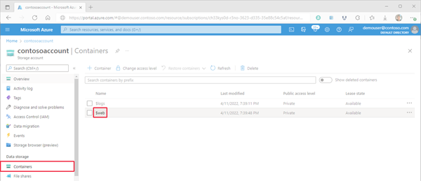 Obrázek znázorňující umístění kontejneru úložiště webu v Azure Portal