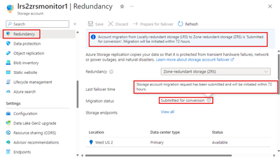 Snímek obrazovky znázorňující stav žádosti o převod na stránce Redundance na webu Azure Portal