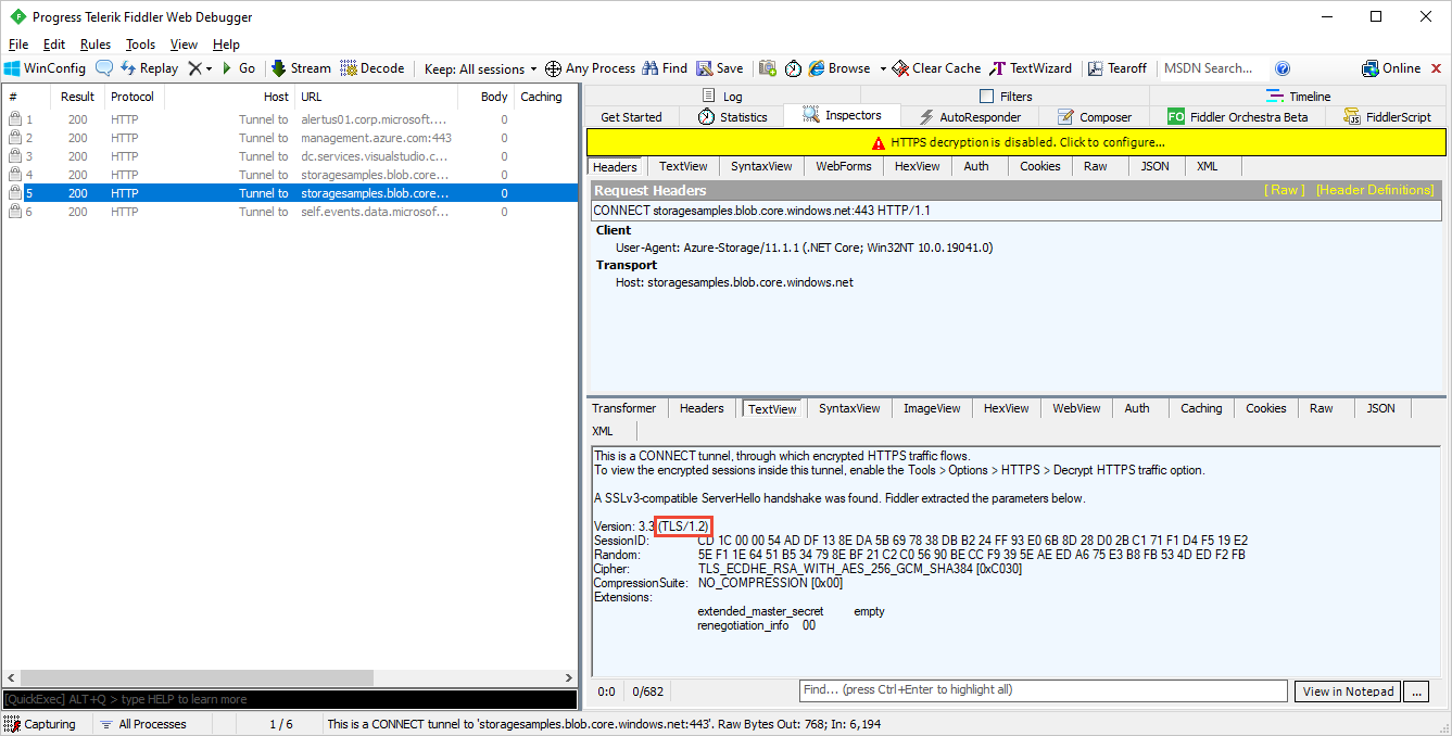 Snímek obrazovky znázorňující trasování Fiddleru, které označuje verzi protokolu TLS použitou na vyžádání