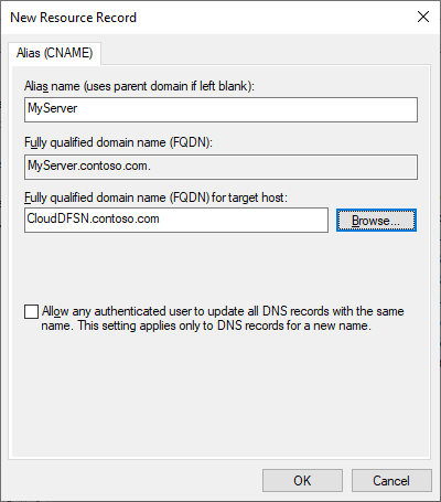 Snímek obrazovky znázorňující nový záznam prostředku pro položku CNAME DNS