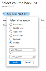 Snímek obrazovky znázorňující výběr časového rozsahu okna výběru zálohy