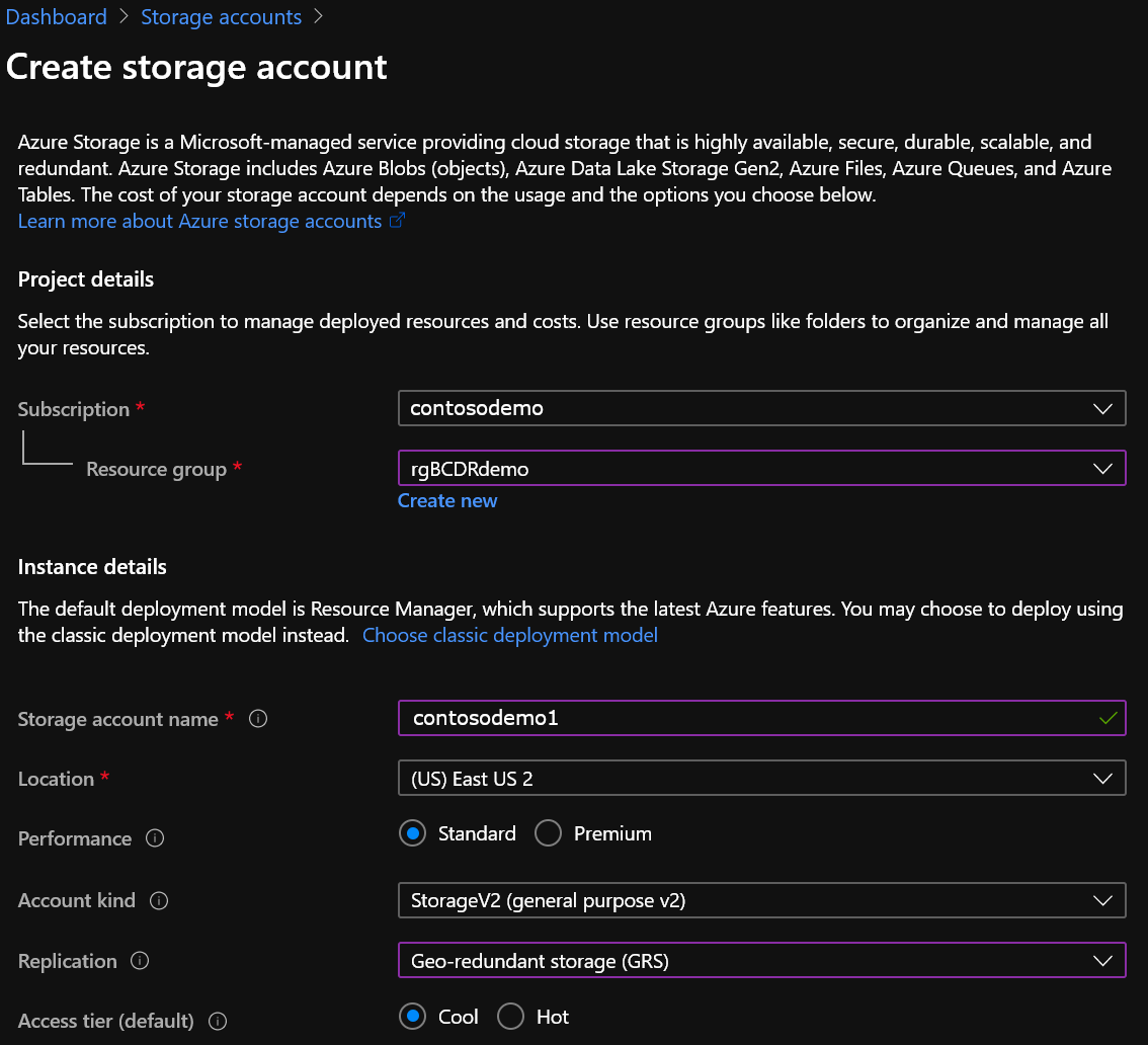 Shows storage account settings in the portal