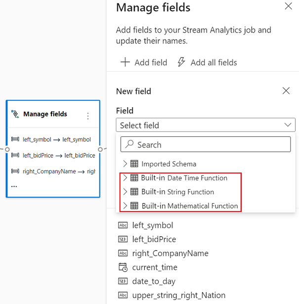 Snímek obrazovky znázorňující předdefinované funkce