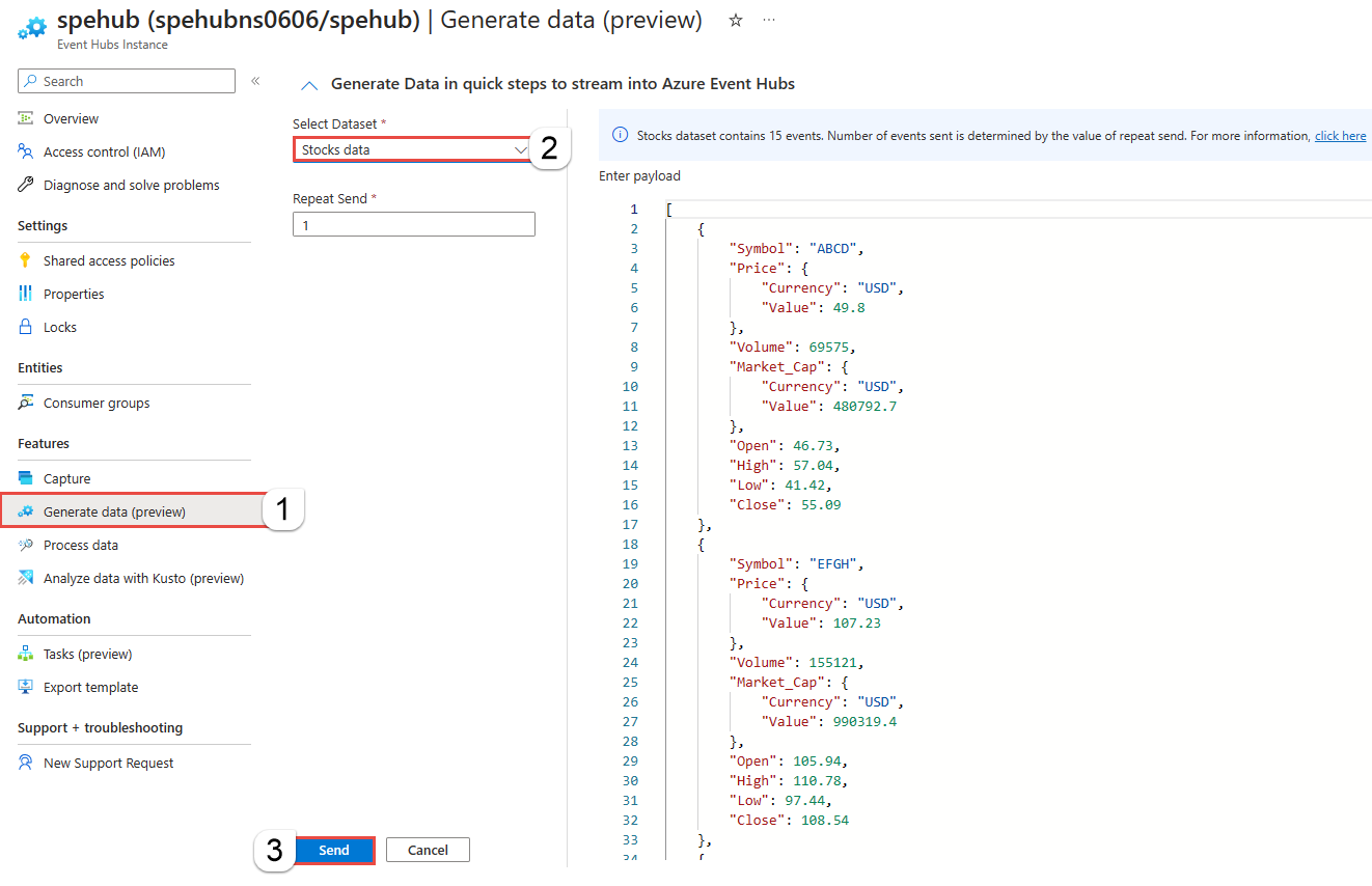 Snímek obrazovky se stránkou Generovat data (Preview) instance služby Event Hubs