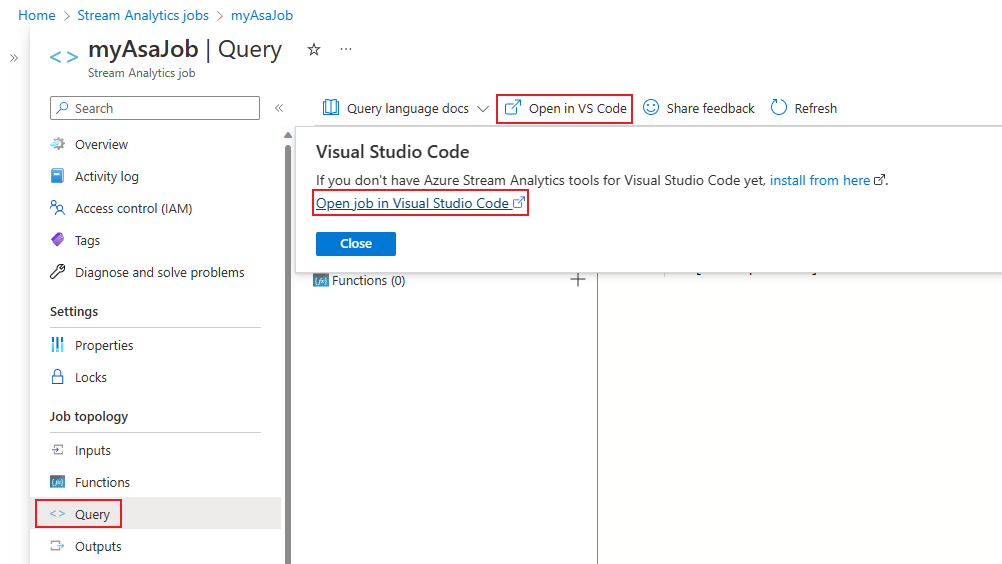 Otevření úlohy Stream Analytics v editoru Visual Studio Code
