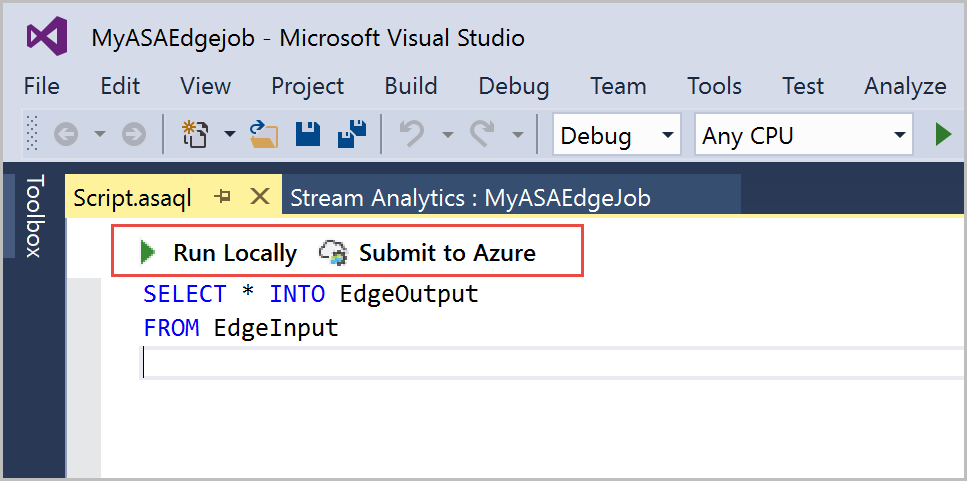 Možnosti spuštění úlohy Stream Analytics v sadě Visual Studio