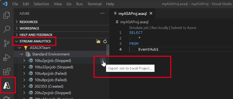 Snímek obrazovky s rozšířením VSCode exportující úlohu ASA do editoru Visual Studio Code