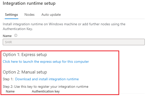 Snímek obrazovky, který ukazuje, kde stáhnout, nainstalovat a zaregistrovat prostředí Integration Runtime