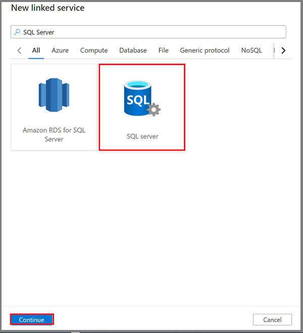 Snímek obrazovky, který ukazuje, jak vytvořit propojenou službu SQL Serveru