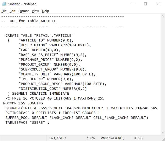 Snímek obrazovky znázorňující možnost rychlé nabídky DDL ve vývojáři Oracle SQL