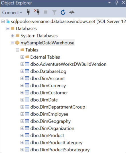 Snímek obrazovky s SQL Server Management Studio (SSMS) zobrazující databázové objekty v Průzkumník objektů
