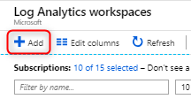 Snímek obrazovky ukazuje pracovní prostory služby Log Analytics, kde můžete vybrat Přidat.