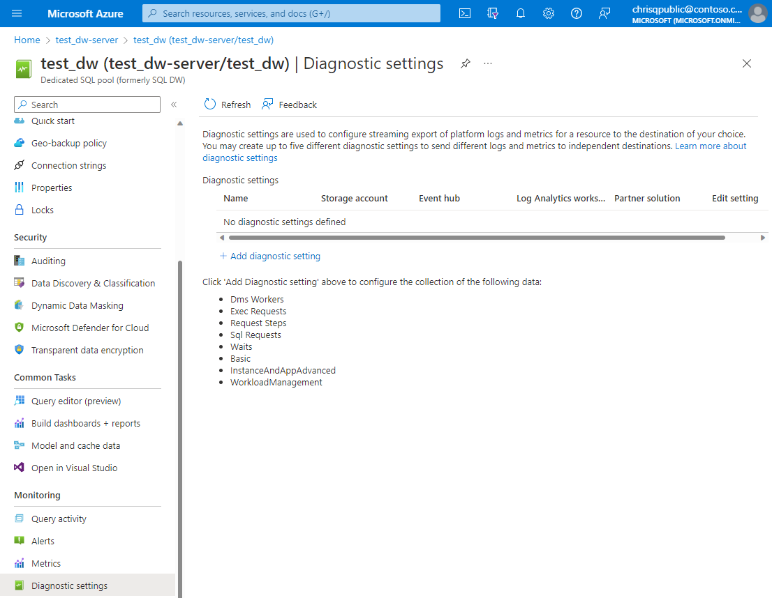 Snímek obrazovky se stránkou pro vytvoření nastavení diagnostiky v Azure Portal