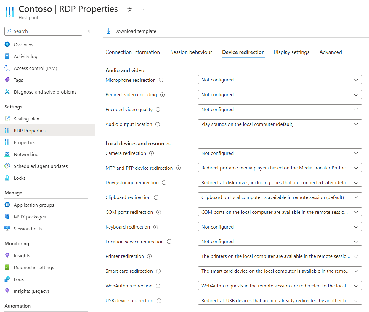Snímek obrazovky znázorňující kartu přesměrování zařízení ve fondu hostitelů na webu Azure Portal