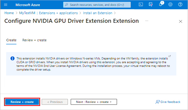 Snímek obrazovky, který ukazuje, jak vytvořit rozšíření ovladače NVIDIA GPU na vybraném virtuálním počítači v Azure Portal