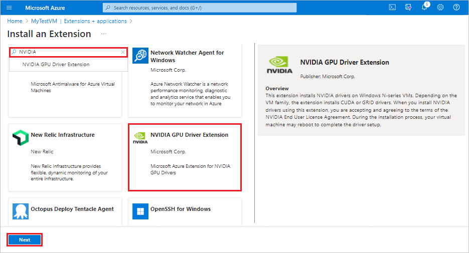 Snímek obrazovky, který ukazuje, jak najít a vybrat rozšíření ovladače NVIDIA GPU pro virtuální počítač v Azure Portal