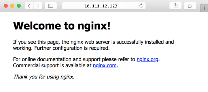 Snímek obrazovky znázorňující výchozí web NGINX v prohlížeči