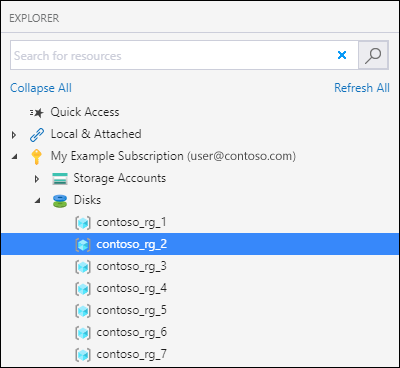 Snímek obrazovky s Průzkumník služby Azure Storage zvýrazněním umístění uzlu Disky pro vložení disku