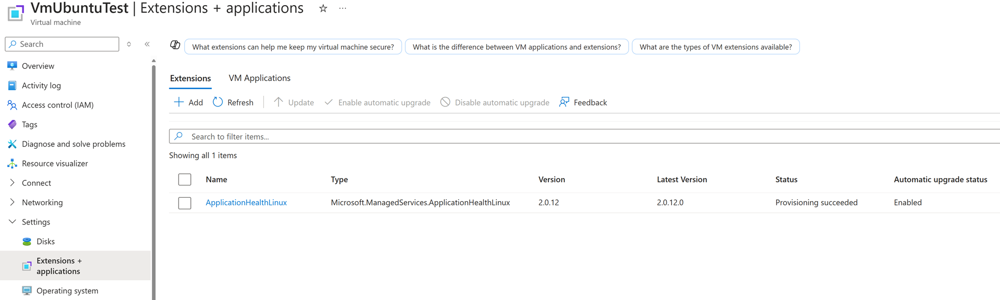 Snímek obrazovky znázorňující instalaci virtuálního počítače s Linuxem rozšíření Application Health