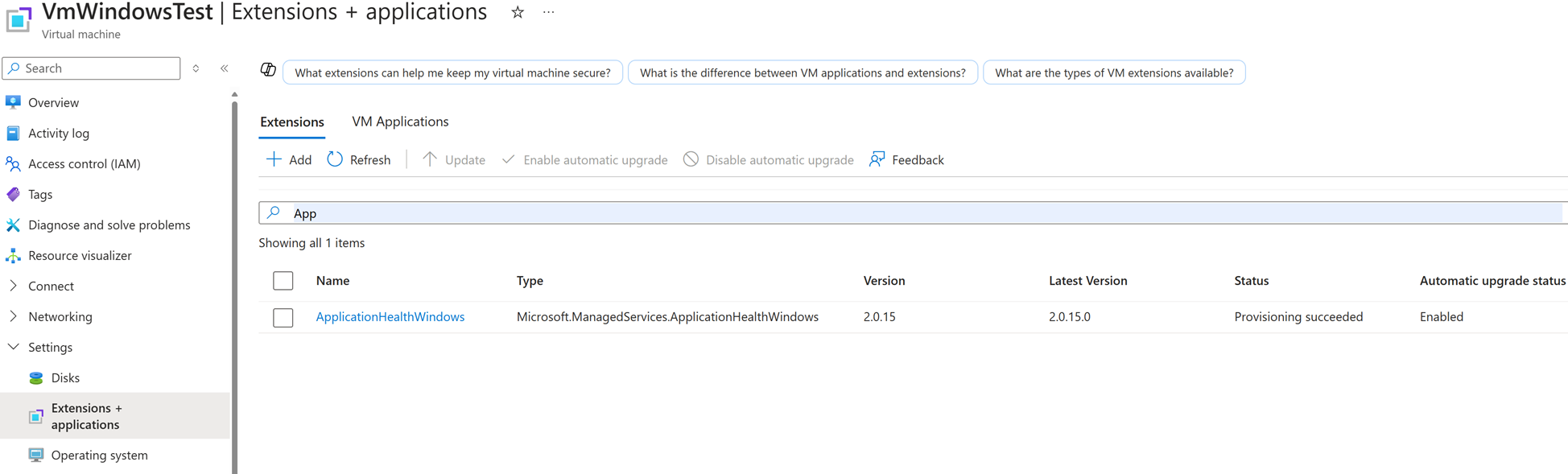 Snímek obrazovky znázorňující instalaci virtuálního počítače s Windows rozšíření Stav aplikace