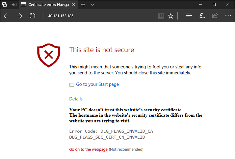 Snímek obrazovky s upozorněním zabezpečení webového prohlížeče