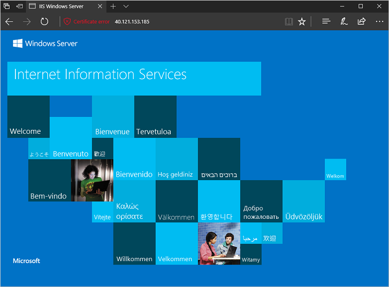 Snímek obrazovky prohlížeče se zabezpečeným webem služby IIS