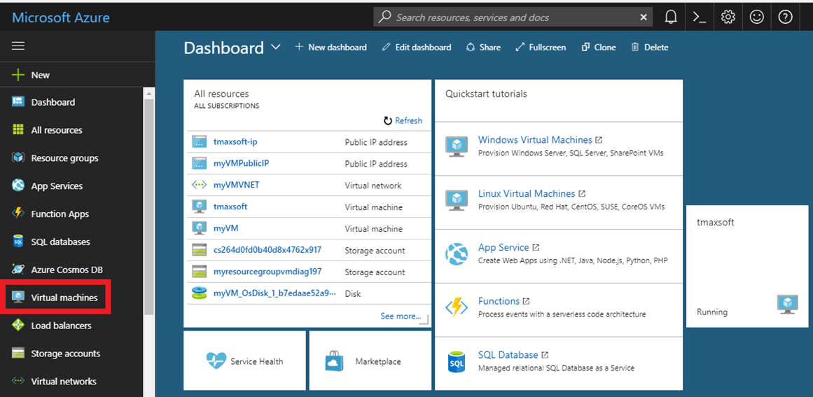 Seznam prostředků na webu Azure Portal