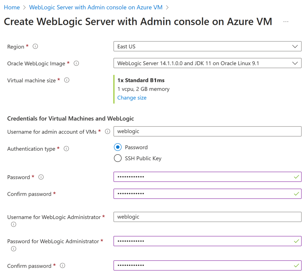 Snímek obrazovky webu Azure Portal znázorňující konzolu Vytvořit server WebLogic s konzolou pro správu na virtuálním počítači Azure