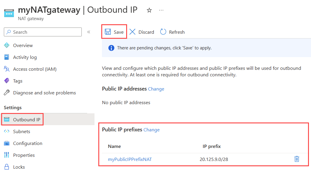 Snímek obrazovky se stránkou konfigurace odchozí IP adresy služby NAT Gateway zobrazující novou předponu veřejné IP adresy