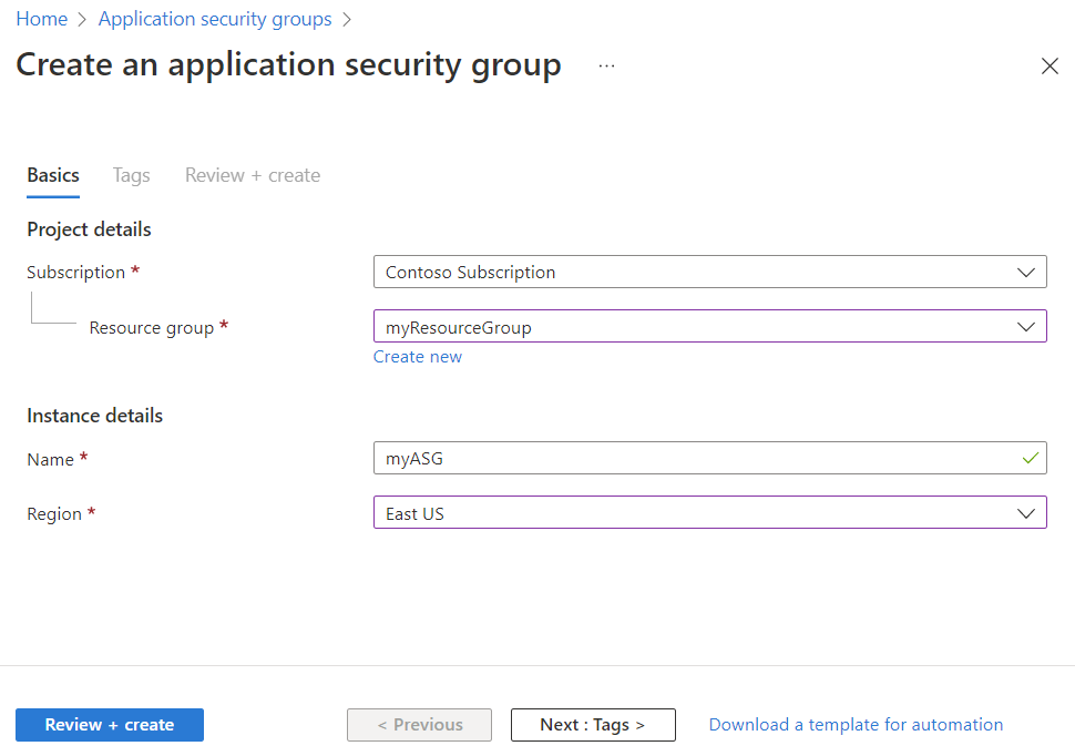 Snímek obrazovky s vytvořením skupiny zabezpečení aplikace v Azure Portal