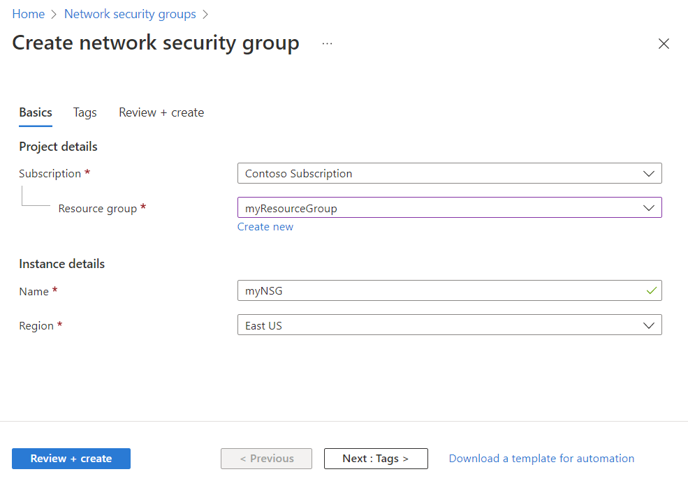 Snímek obrazovky s vytvořením skupiny zabezpečení sítě v Azure Portal