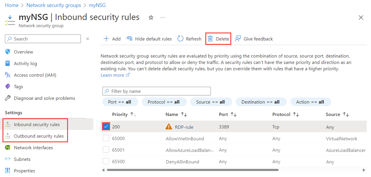 Snímek obrazovky s odstraněním příchozího pravidla zabezpečení skupiny zabezpečení sítě v Azure Portal