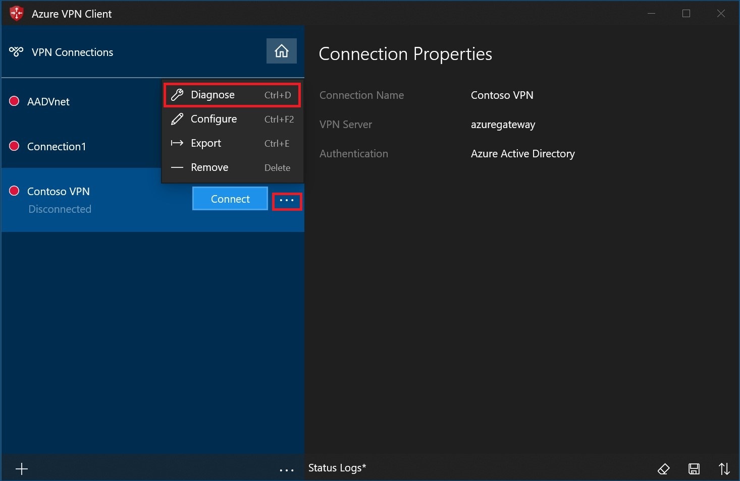 Screenshot shows Diagnose selected from the menu.