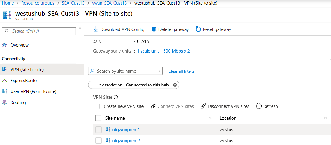Snímek obrazovky s existujícími lokalitami VPN pro nastavení zásad IPsec pro zákazníky