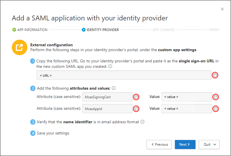 Screenshot showing gather identity providers SAML information page.
