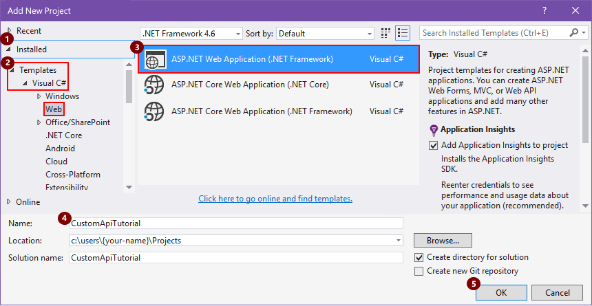 Snímek obrazovky ukazující novou webovou aplikaci Visual C# ASP.NET.