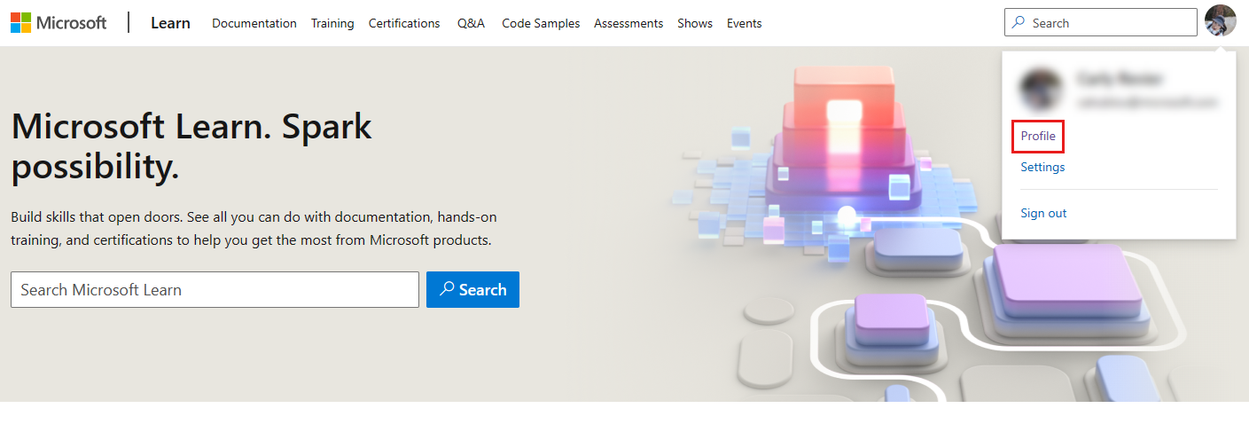 Snímek obrazovky s domovskou stránkou Microsoft Learn a zobrazenou rozevírací nabídkou profilu
