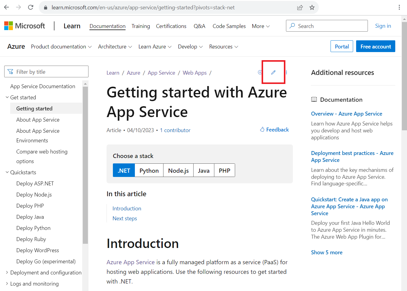 Snímek obrazovky článku dokumentace Azure s ikonou tužky pro úpravy