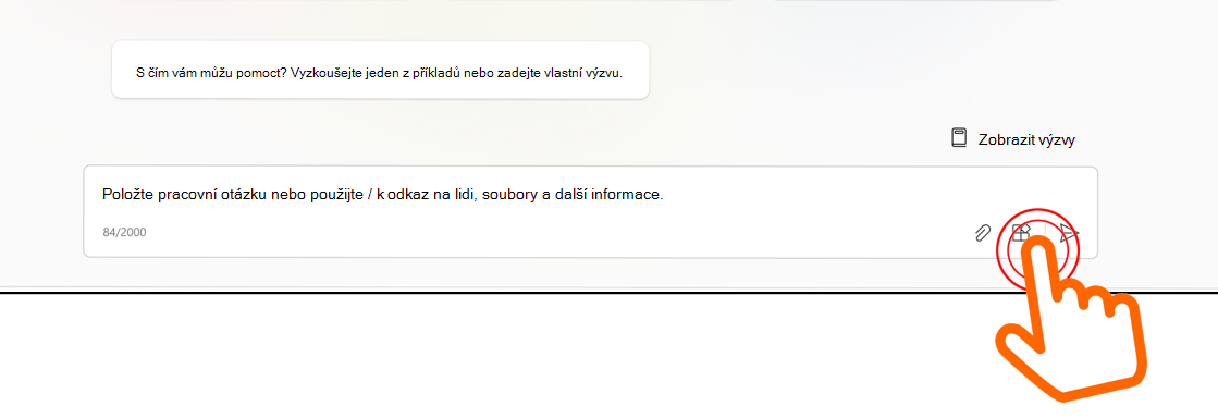 Obrázek znázorňující kurzor, který ukazuje na nabídku ve vstupním poli chatu Copilotu pro Microsoft 365