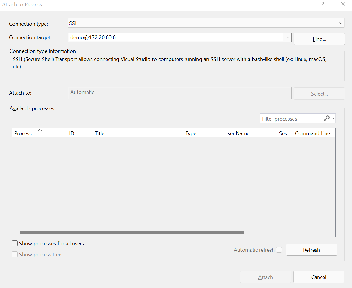 Snímek obrazovky s nabídkou Připojit k procesu v sadě Visual Studio