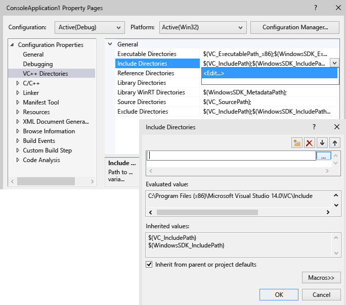 Snímek obrazovky se stránkou vlastností projektu sady Visual Studio pro VC plus adresáře