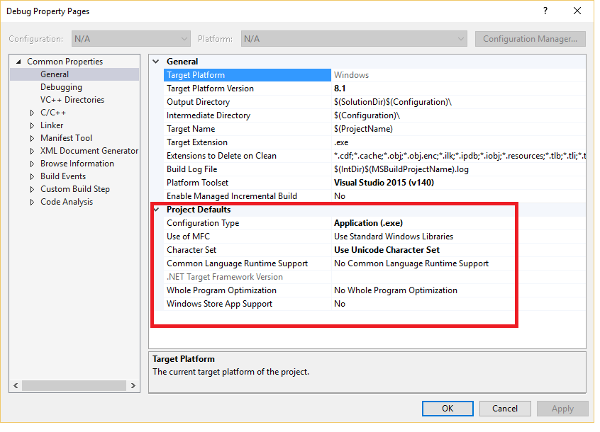 Snímek obrazovky s dialogovým oknem vlastností projektu sady Visual Studio