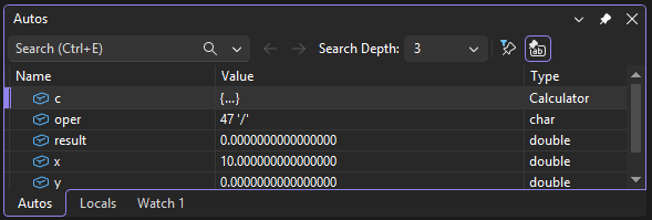Snímek obrazovky okna Autos ladicího programu Visual Studio